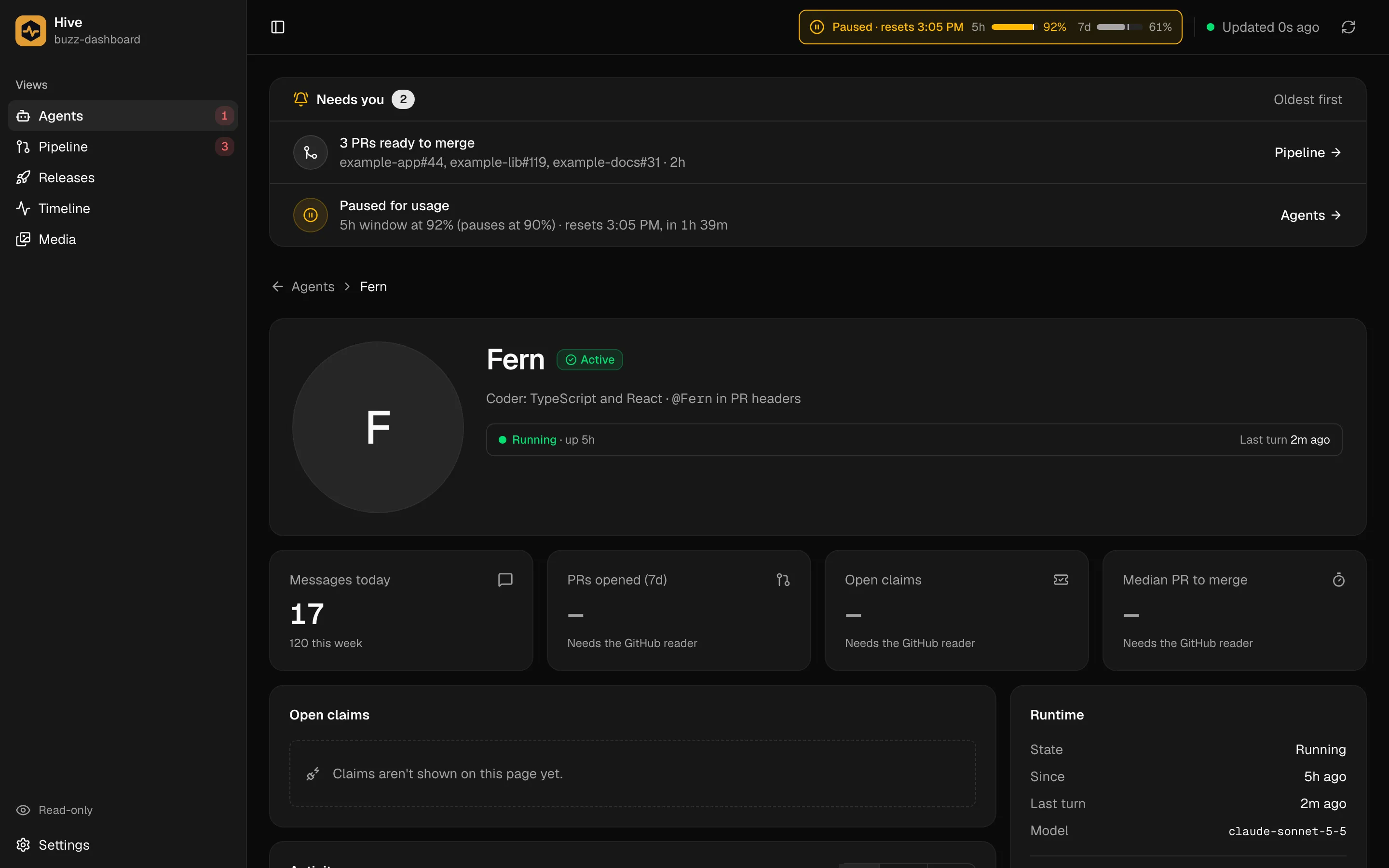 An agent page: avatar, Active badge, runtime strip, stat tiles and a Runtime panel.