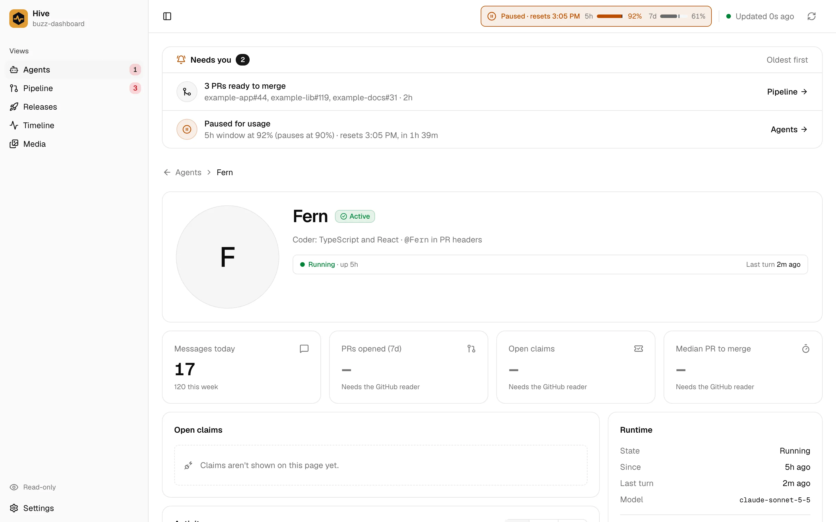 An agent page: avatar, Active badge, runtime strip, stat tiles and a Runtime panel.