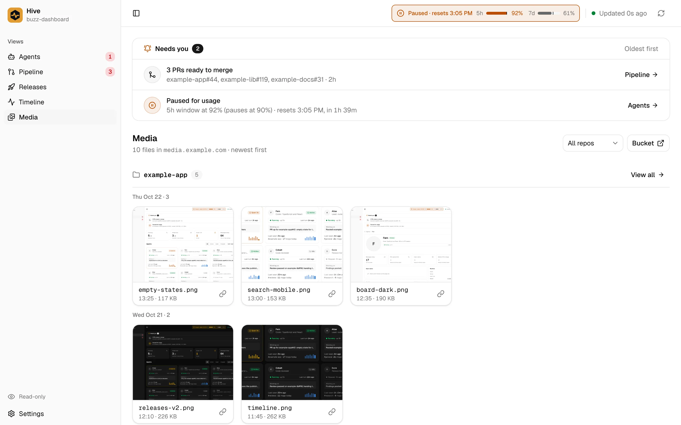 The Media view: thumbnails grouped under example-app by date.